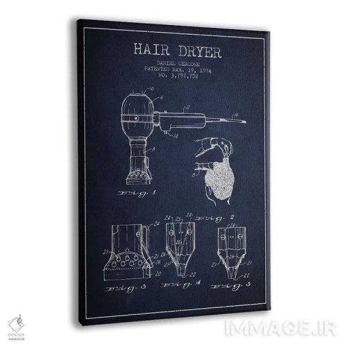 تابلو نقشهٔ ثبت اختراع سشوار (آبی نفتی) اثر پیکسل کهنه (استودیو/نام هنری) - نمای پرسپکتیو محصول