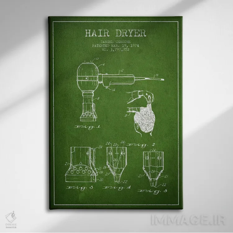 تابلو نقشهٔ ثبت اختراع سشوار (سبز) اثر پیکسل کهنه (استودیو/نام هنری) - نمای روبهرو روی دیوار