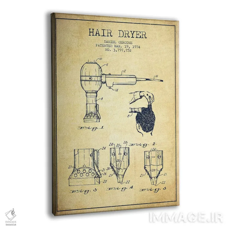 تابلو نقشهٔ ثبت اختراع سشوار (وینتیج/کلاسیک) اثر پیکسل کهنه (استودیو/نام هنری) - نمای پرسپکتیو محصول