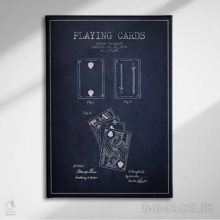 تابلو نقشهٔ ثبت اختراع کارتهای داورتی (آبی نفتی) اثر پیکسل کهنه (استودیو/نام هنری) - نمای روبهرو روی دیوار