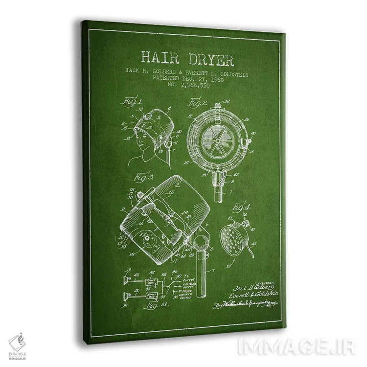 تابلو نقشهٔ ثبت اختراع سشوار صدادار (سبز) اثر پیکسل کهنه (استودیو/نام هنری) - نمای پرسپکتیو محصول