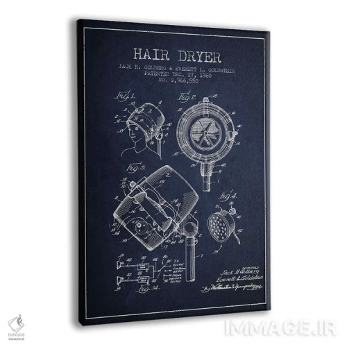 تابلو نقشهٔ ثبت اختراع سشوار صدادار (آبی نفتی) اثر پیکسل کهنه (استودیو/نام هنری) - نمای پرسپکتیو محصول