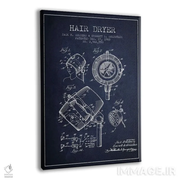 تابلو نقشهٔ ثبت اختراع سشوار صدادار (آبی نفتی) اثر پیکسل کهنه (استودیو/نام هنری) - نمای پرسپکتیو محصول