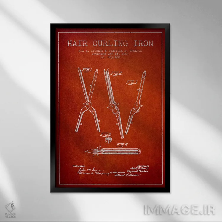 تابلو نقشهٔ ثبت اختراع فرکنندهٔ مو (قرمز) اثر پیکسل کهنه (استودیو/نام هنری) - نمای قابدار مشکی