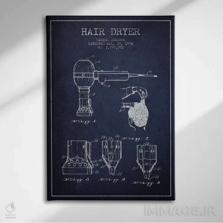 تابلو نقشهٔ ثبت اختراع سشوار (آبی نفتی) اثر پیکسل کهنه (استودیو/نام هنری) - نمای روبهرو روی دیوار