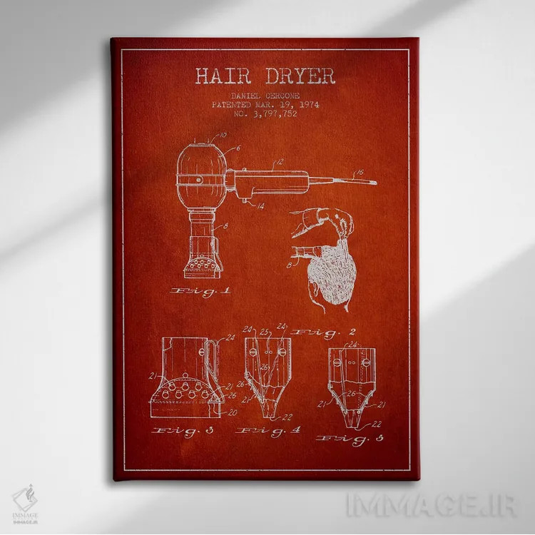 تابلو نقشهٔ ثبت اختراع سشوار (قرمز) اثر پیکسل کهنه (استودیو/نام هنری) - نمای روبهرو روی دیوار