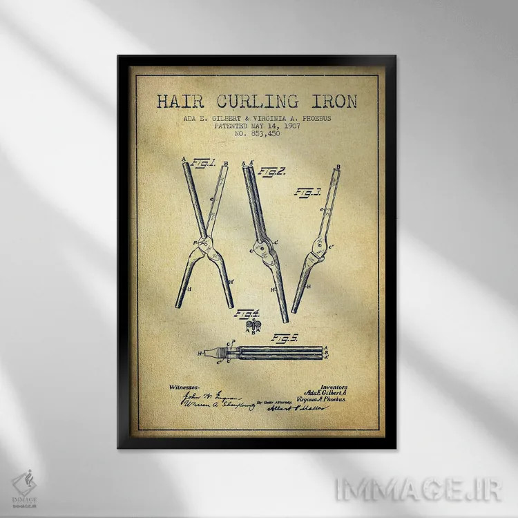 تابلو نقشهٔ ثبت اختراع فرکنندهٔ مو (وینتیج/کلاسیک) اثر پیکسل کهنه (استودیو/نام هنری) - نمای قابدار مشکی