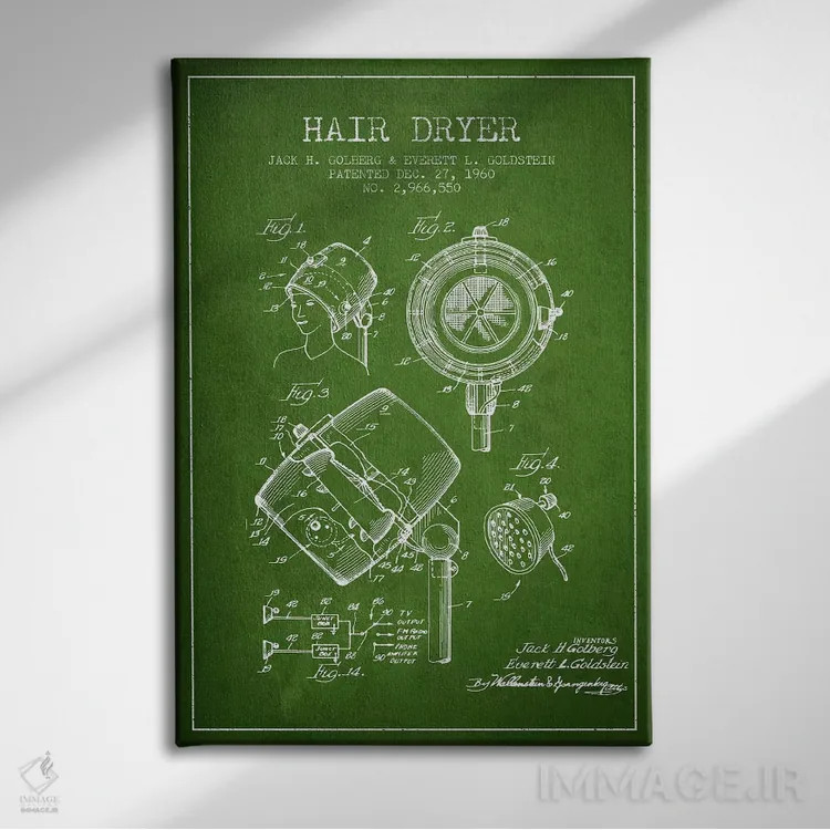 تابلو نقشهٔ ثبت اختراع سشوار صدادار (سبز) اثر پیکسل کهنه (استودیو/نام هنری) - نمای روبهرو روی دیوار