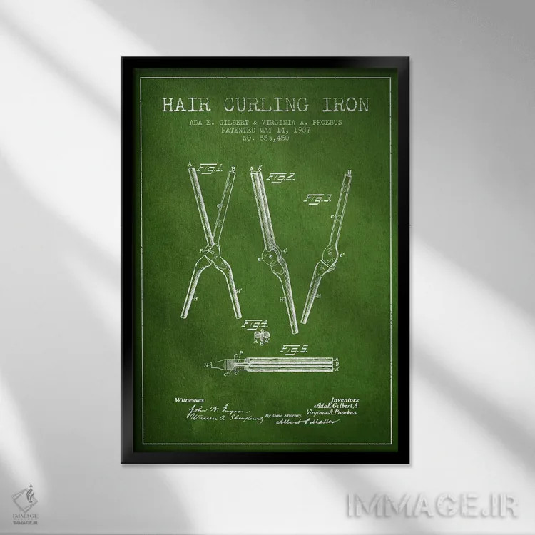 تابلو نقشهٔ ثبت اختراع فرکنندهٔ مو (سبز) اثر پیکسل کهنه (استودیو/نام هنری) - نمای قابدار مشکی