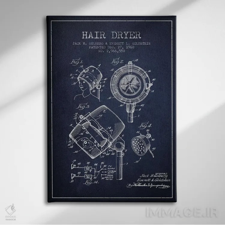 تابلو نقشهٔ ثبت اختراع سشوار صدادار (آبی نفتی) اثر پیکسل کهنه (استودیو/نام هنری) - نمای روبهرو روی دیوار