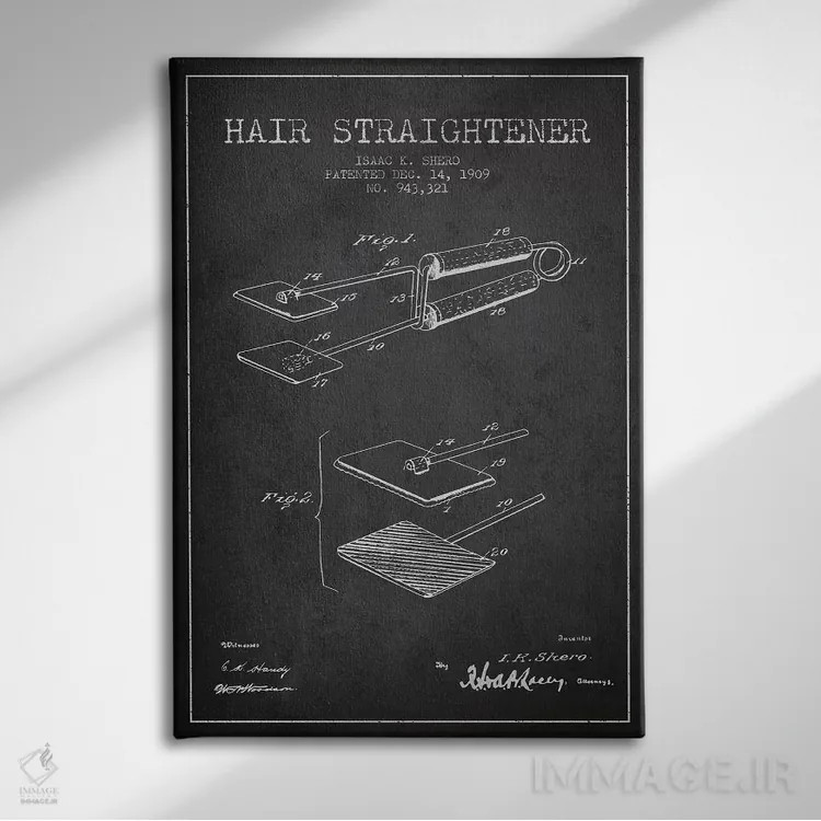 تابلو طرح حق ثبت اختراع اتو مو زغالی اثر پیکسل کهنه (استودیو/نام هنری) - نمای روبهرو روی دیوار