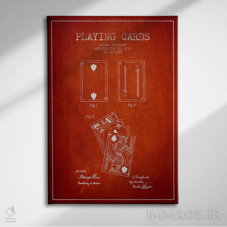 تابلو طرح حق ثبت اختراع کارتهای داگرتی قرمز اثر پیکسل کهنه (استودیو/نام هنری) - نمای روبهرو روی دیوار