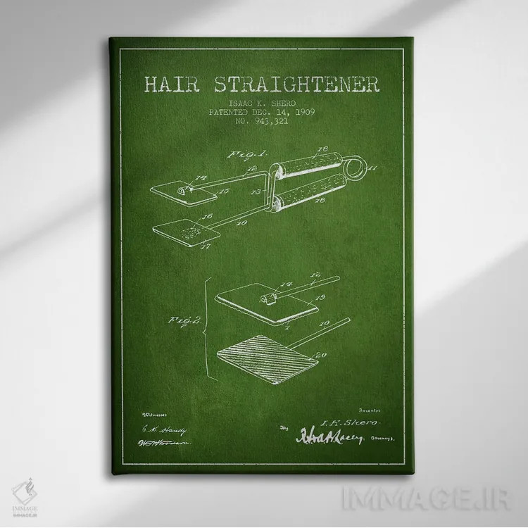 تابلو طرح حق ثبت اختراع اتو مو سبز اثر پیکسل کهنه (استودیو/نام هنری) - نمای روبهرو روی دیوار