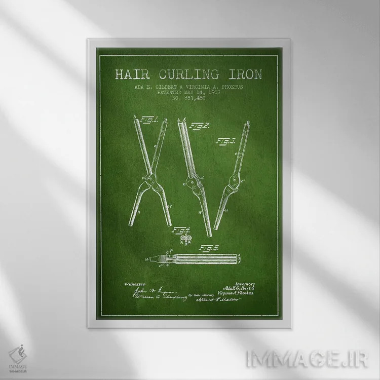 تابلو نقشهٔ ثبت اختراع فرکنندهٔ مو (سبز) اثر پیکسل کهنه (استودیو/نام هنری) - نمای قابدار سفید