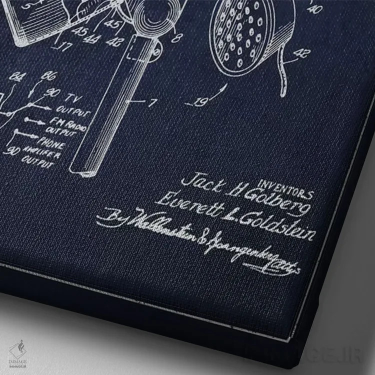 تابلو نقشهٔ ثبت اختراع سشوار صدادار (آبی نفتی) اثر پیکسل کهنه (استودیو/نام هنری) - نمای نزدیک بافت بوم