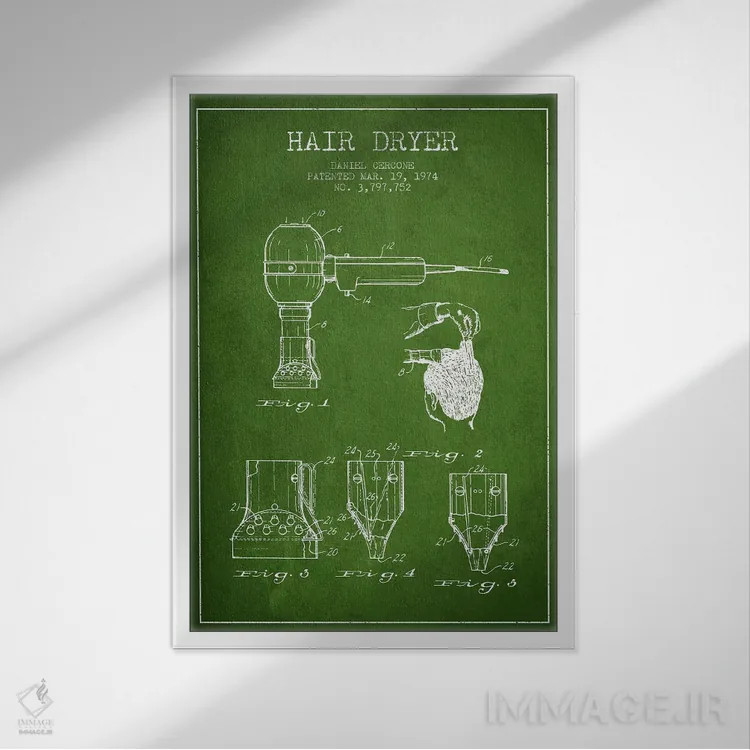 تابلو نقشهٔ ثبت اختراع سشوار (سبز) اثر پیکسل کهنه (استودیو/نام هنری) - نمای قابدار سفید