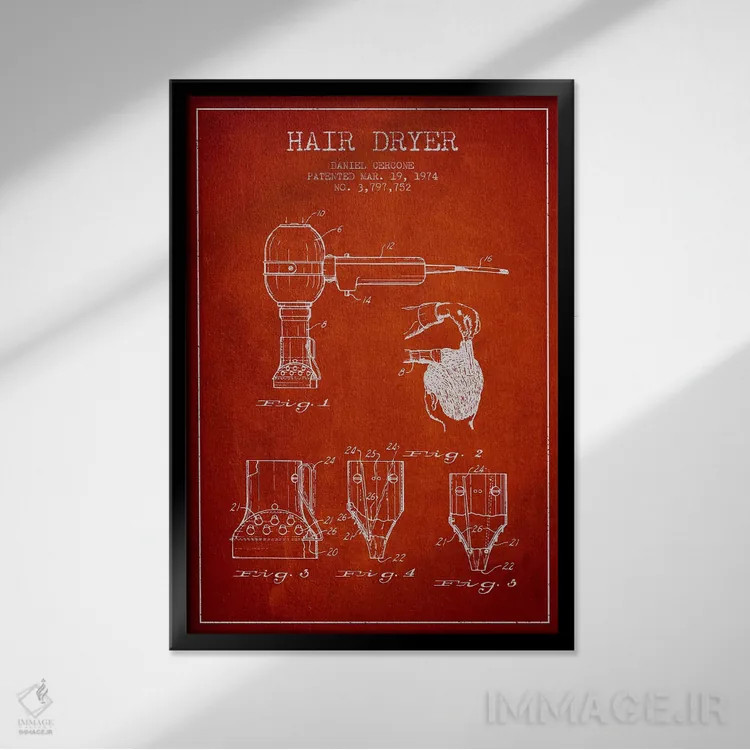 تابلو نقشهٔ ثبت اختراع سشوار (قرمز) اثر پیکسل کهنه (استودیو/نام هنری) - نمای قابدار مشکی