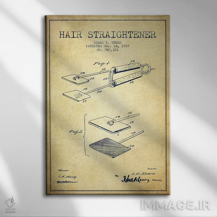 تابلو طرح حق ثبت اختراع اتو مو (وینتیج) اثر پیکسل کهنه (استودیو/نام هنری) - نمای روبهرو روی دیوار