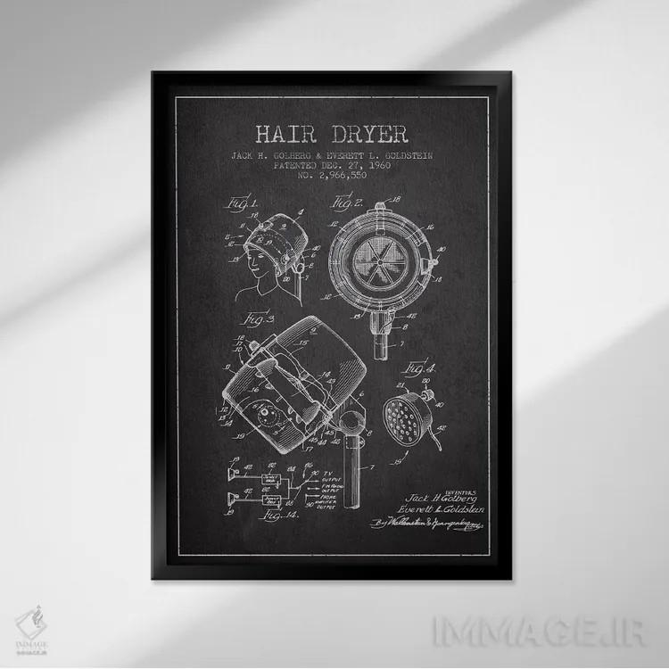 تابلو نقشهٔ ثبت اختراع سشوار صدادار (طرح زغال) اثر پیکسل کهنه (استودیو/نام هنری) - نمای قابدار مشکی