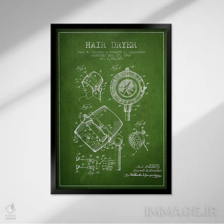 تابلو نقشهٔ ثبت اختراع سشوار صدادار (سبز) اثر پیکسل کهنه (استودیو/نام هنری) - نمای قابدار مشکی