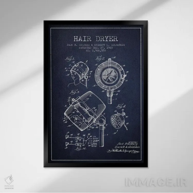 تابلو نقشهٔ ثبت اختراع سشوار صدادار (آبی نفتی) اثر پیکسل کهنه (استودیو/نام هنری) - نمای قابدار مشکی