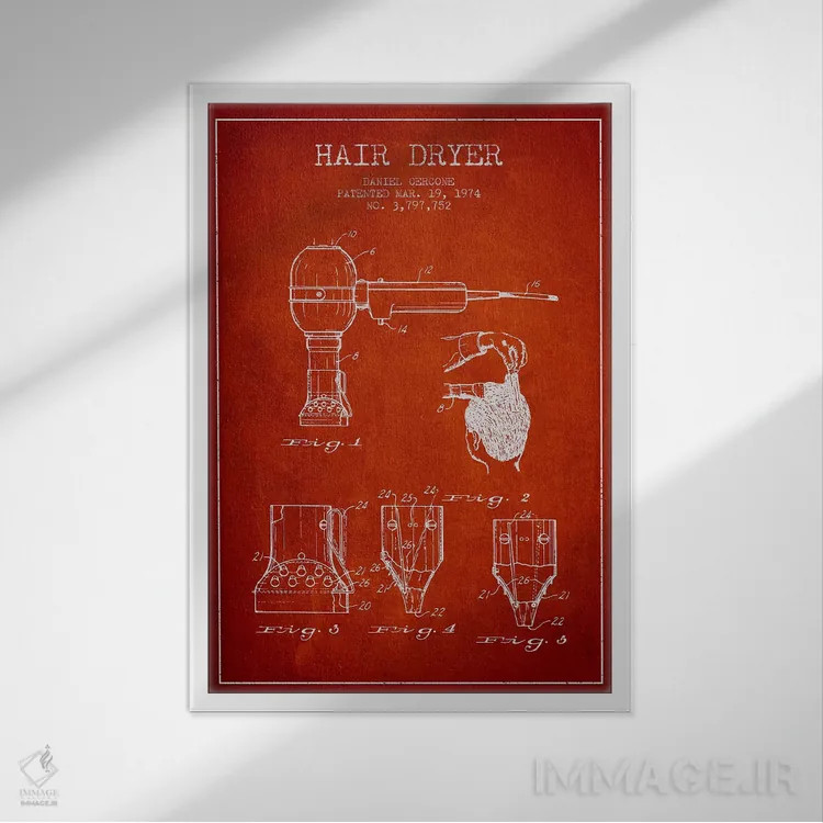 تابلو نقشهٔ ثبت اختراع سشوار (قرمز) اثر پیکسل کهنه (استودیو/نام هنری) - نمای قابدار سفید