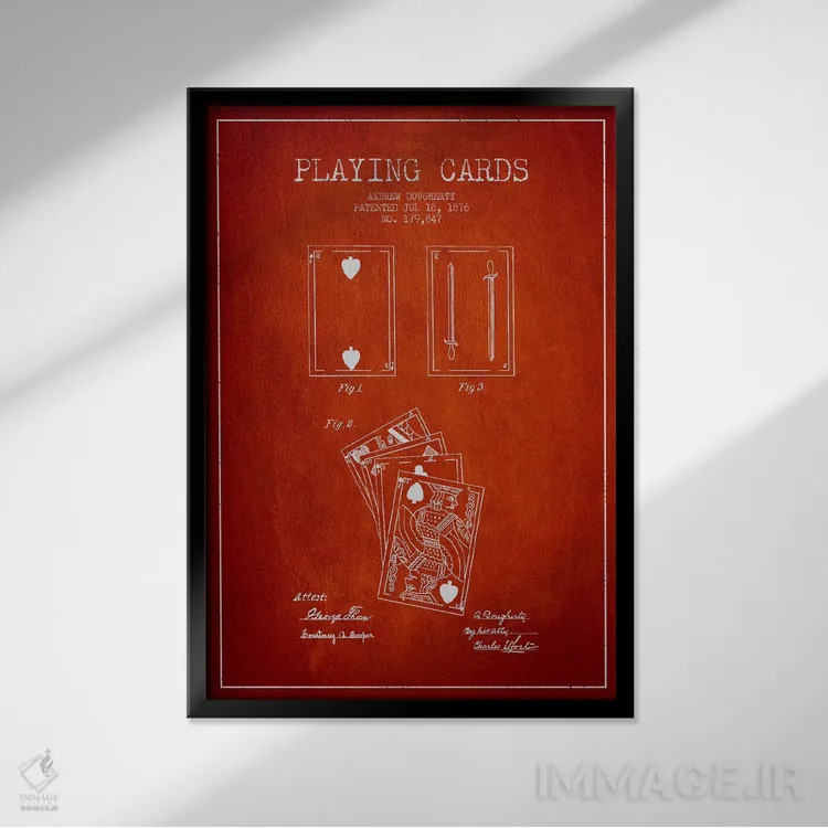 تابلو طرح حق ثبت اختراع کارتهای داگرتی قرمز اثر پیکسل کهنه (استودیو/نام هنری) - نمای قابدار مشکی