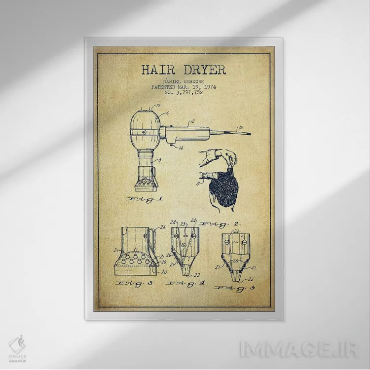 تابلو نقشهٔ ثبت اختراع سشوار (وینتیج/کلاسیک) اثر پیکسل کهنه (استودیو/نام هنری) - نمای قابدار سفید