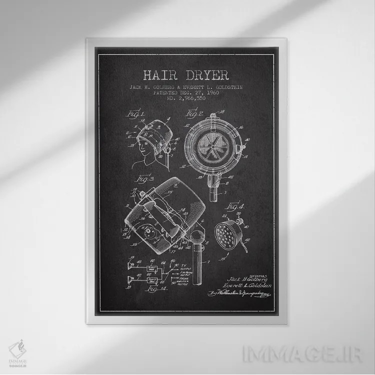 تابلو نقشهٔ ثبت اختراع سشوار صدادار (طرح زغال) اثر پیکسل کهنه (استودیو/نام هنری) - نمای قابدار سفید