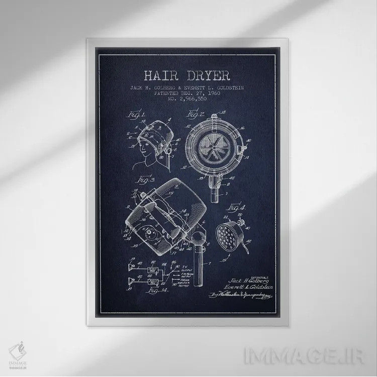 تابلو نقشهٔ ثبت اختراع سشوار صدادار (آبی نفتی) اثر پیکسل کهنه (استودیو/نام هنری) - نمای قابدار سفید