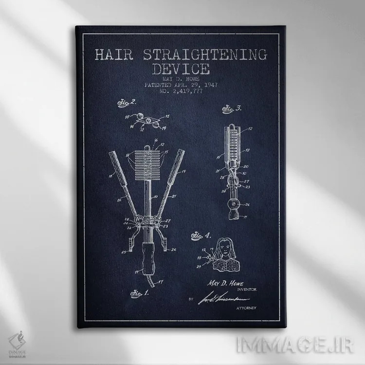 تابلو طرح حق ثبت اختراع صافکننده مو سرمهای اثر پیکسل کهنه (استودیو/نام هنری) - نمای روبهرو روی دیوار