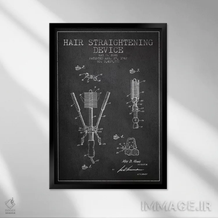 تابلو طرح حق ثبت اختراع صافکننده مو زغالی اثر پیکسل کهنه (استودیو/نام هنری) - نمای قابدار مشکی