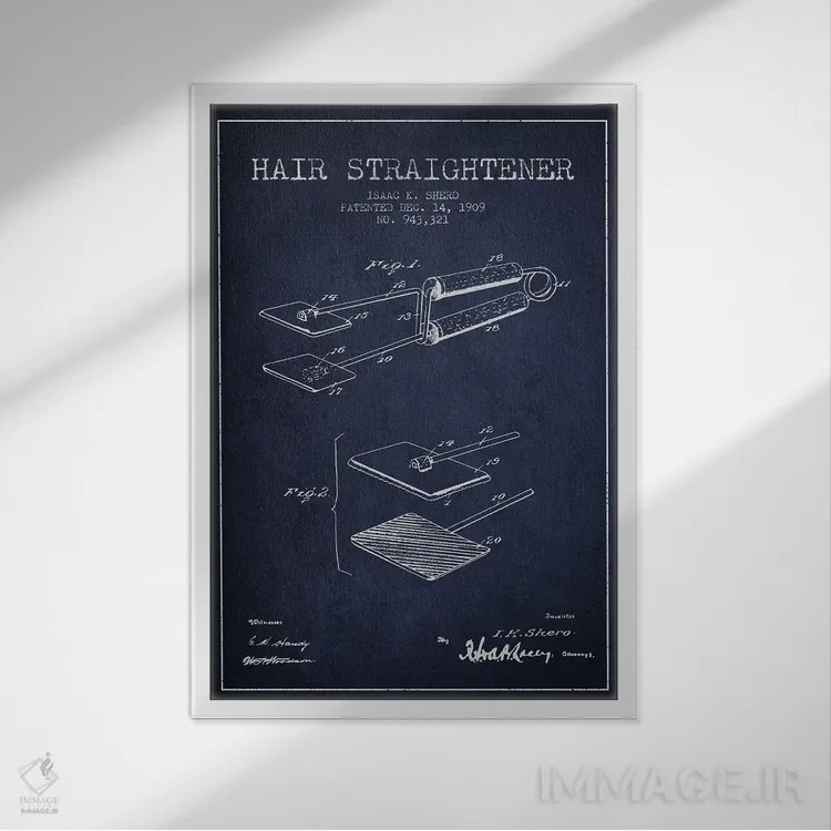 تابلو طرح حق ثبت اختراع اتو مو سرمهای اثر پیکسل کهنه (استودیو/نام هنری) - نمای قابدار سفید