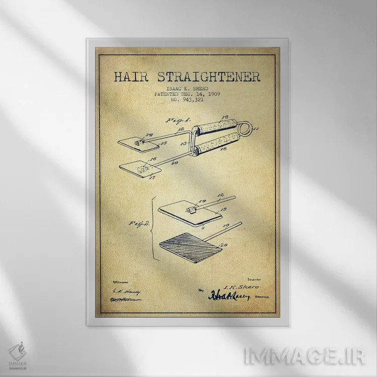 تابلو طرح حق ثبت اختراع اتو مو (وینتیج) اثر پیکسل کهنه (استودیو/نام هنری) - نمای قابدار سفید