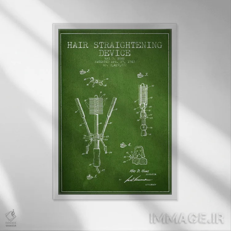 تابلو طرح حق ثبت اختراع صافکننده مو سبز اثر پیکسل کهنه (استودیو/نام هنری) - نمای قابدار سفید