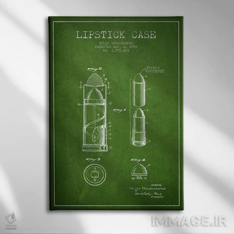 تابلو نقشهٔ ثبت اختراع جعبه رژلب (طرح سبز) اثر پیکسل کهنه (استودیو/نام هنری) - نمای روبهرو روی دیوار