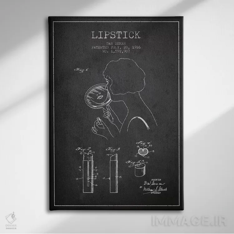 تابلو نقشهٔ ثبت اختراع رژلب (طرح زغالی) اثر پیکسل کهنه (استودیو/نام هنری) - نمای روبهرو روی دیوار