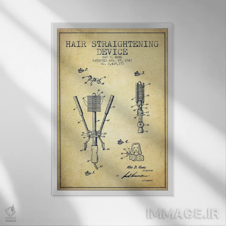 تابلو طرح حق ثبت اختراع صافکننده مو (وینتیج) اثر پیکسل کهنه (استودیو/نام هنری) - نمای قابدار سفید