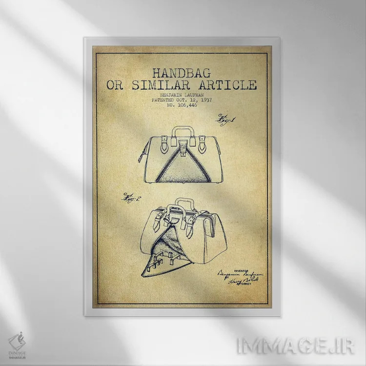 تابلو نقشهٔ ثبت اختراع کیف دستی یا موارد مشابه (وینتیج) اثر پیکسل کهنه (استودیو/نام هنری) - نمای قابدار سفید