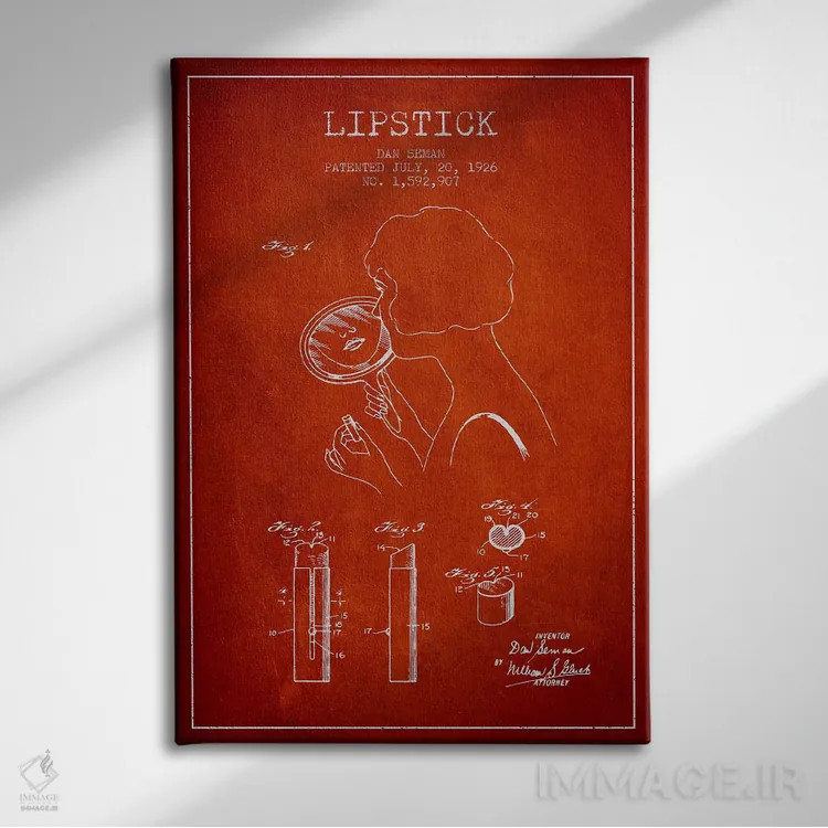 تابلو نقشهٔ ثبت اختراع رژلب (طرح قرمز) اثر پیکسل کهنه (استودیو/نام هنری) - نمای روبهرو روی دیوار