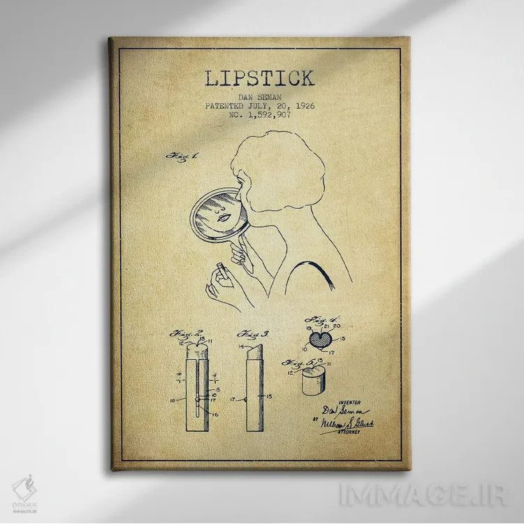 تابلو نقشهٔ ثبت اختراع رژلب (طرح وینتیج) اثر پیکسل کهنه (استودیو/نام هنری) - نمای روبهرو روی دیوار