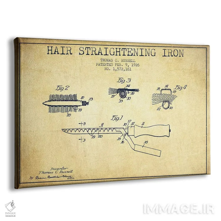 تابلو نقشهٔ ثبت اختراع اتوی مو (طرح وینتیج) اثر پیکسل کهنه (استودیو/نام هنری) - نمای پرسپکتیو محصول