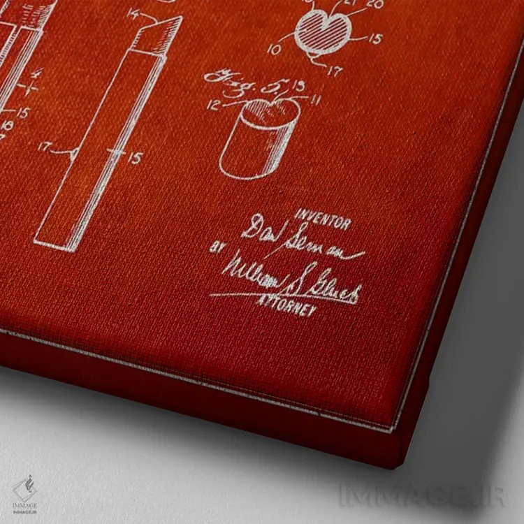 تابلو نقشهٔ ثبت اختراع رژلب (طرح قرمز) اثر پیکسل کهنه (استودیو/نام هنری) - نمای نزدیک بافت بوم
