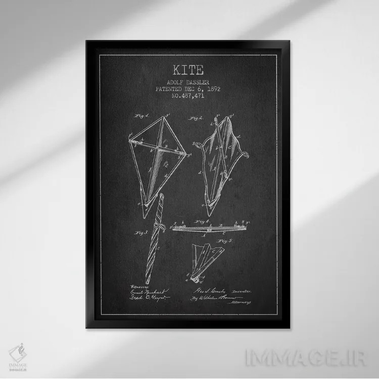 تابلو نقشهٔ ثبت اختراع بادبادک (طرح تیره) اثر پیکسل کهنه (استودیو/نام هنری) - نمای قابدار مشکی