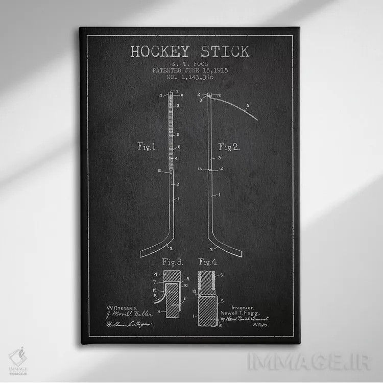 تابلو نقشهٔ ثبت اختراع چوب هاکی (طرح زغالی) اثر پیکسل کهنه (استودیو/نام هنری) - نمای روبهرو روی دیوار