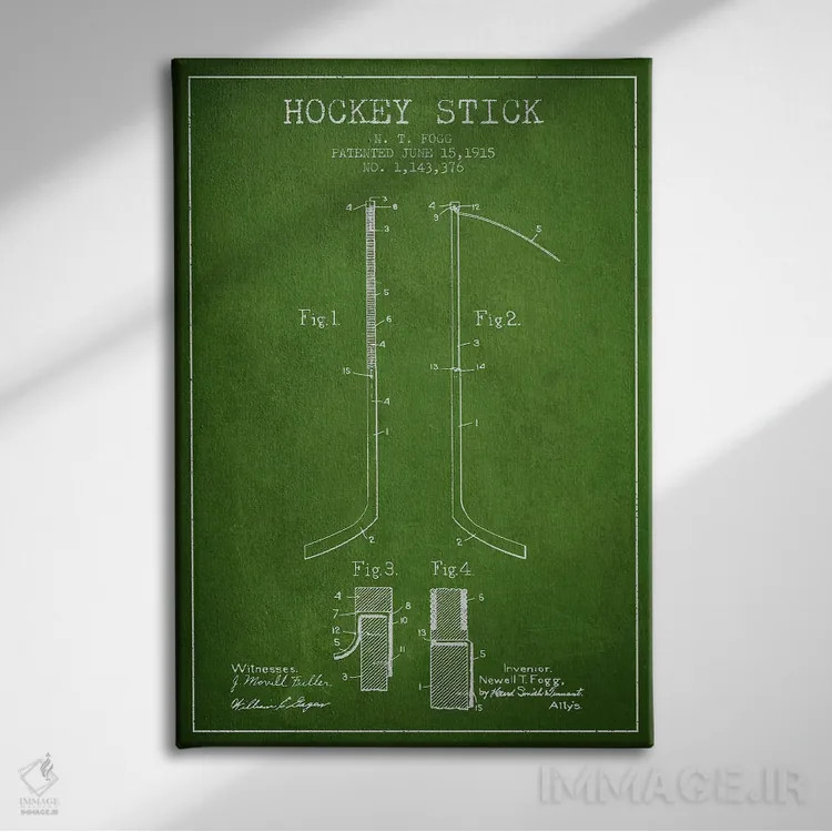 تابلو نقشهٔ ثبت اختراع چوب هاکی (طرح سبز) اثر پیکسل کهنه (استودیو/نام هنری) - نمای روبهرو روی دیوار