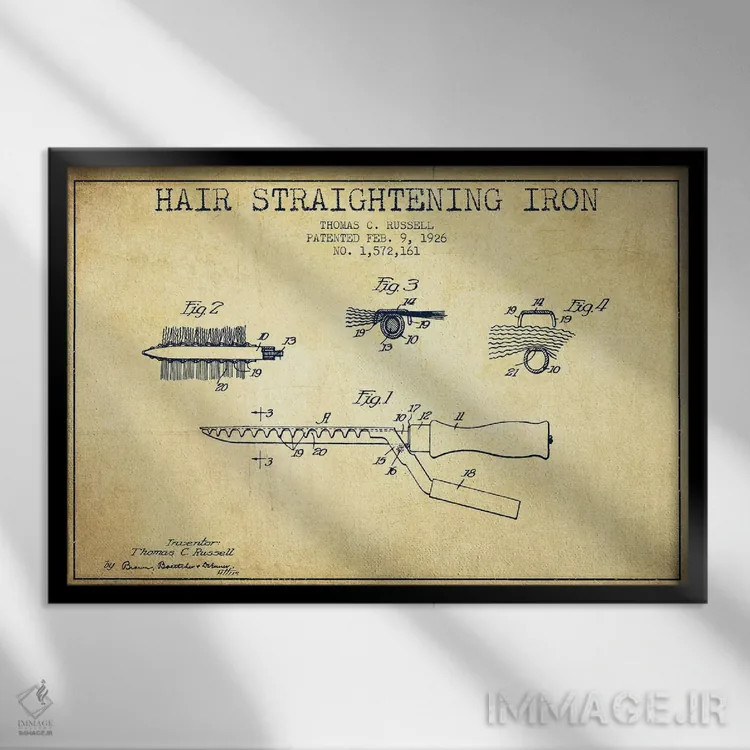 تابلو نقشهٔ ثبت اختراع اتوی مو (طرح وینتیج) اثر پیکسل کهنه (استودیو/نام هنری) - نمای قابدار مشکی