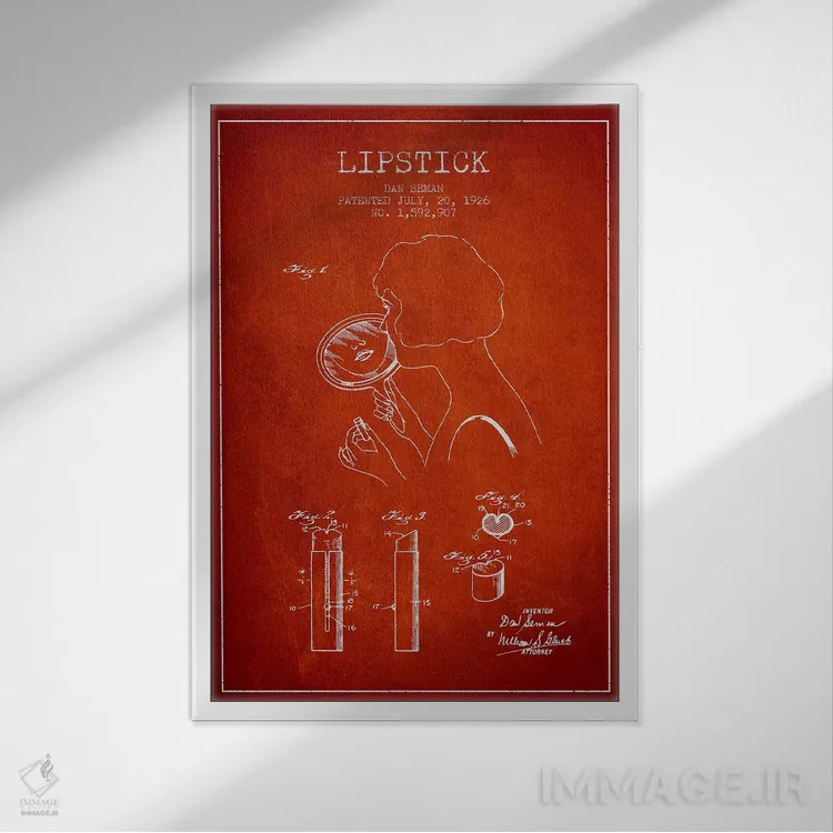 تابلو نقشهٔ ثبت اختراع رژلب (طرح قرمز) اثر پیکسل کهنه (استودیو/نام هنری) - نمای قابدار سفید