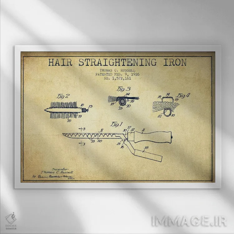 تابلو نقشهٔ ثبت اختراع اتوی مو (طرح وینتیج) اثر پیکسل کهنه (استودیو/نام هنری) - نمای قابدار سفید