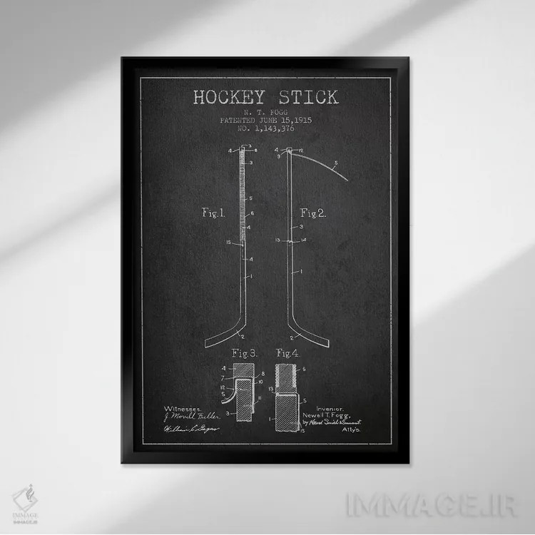 تابلو نقشهٔ ثبت اختراع چوب هاکی (طرح زغالی) اثر پیکسل کهنه (استودیو/نام هنری) - نمای قابدار مشکی